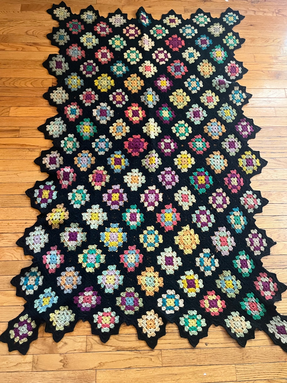 Handmade Crochet Granny Square Multicolor Bordered Blanket Throw Vintage 67x41